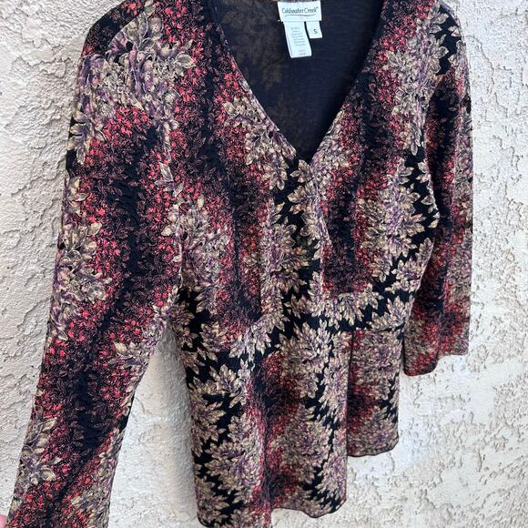 Coldwater Creek Stretch Textured Overlap Waist Top Black Floral Size Small - Picture 5 of 5